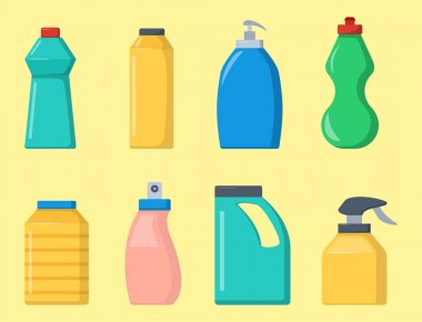 Ev Kimyasalları şişe malzemeleri temizlik ev işi sıvı aile içi sıvı temiz paketi vektör çizim.