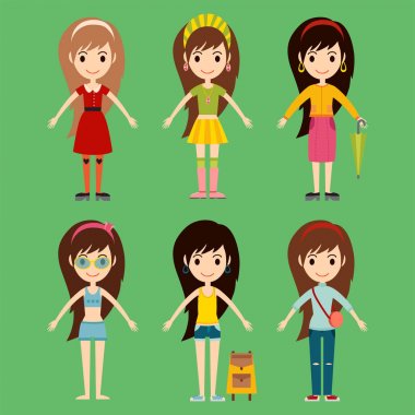 Sokak moda girls modelleri giyim tarzı şık şık kadın karakter elbise görünüyor vektör çizim