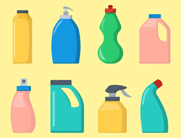 Flaskor av hushållskemikalier levererar rengöring hushållsarbete flytande inhemska vätska renare pack vektorillustration. — Stock vektor