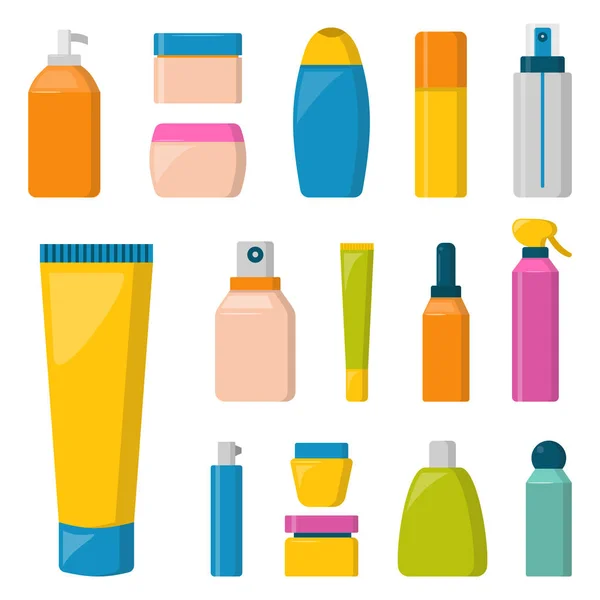 Botellas de cosmética cosmetología loción maquillaje belleza plástico líquido crema contenedor fluido paquete vector ilustración . — Vector de stock