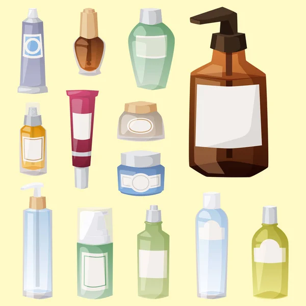 Botellas de cosmética cosmetología loción maquillaje belleza plástico líquido crema contenedor fluido paquete vector ilustración . — Vector de stock