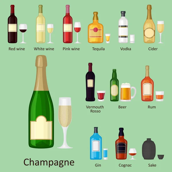 Alcohol dranken dranken cocktail fles pils container dronken verschillende glazen vectorillustratie. — Stockvector