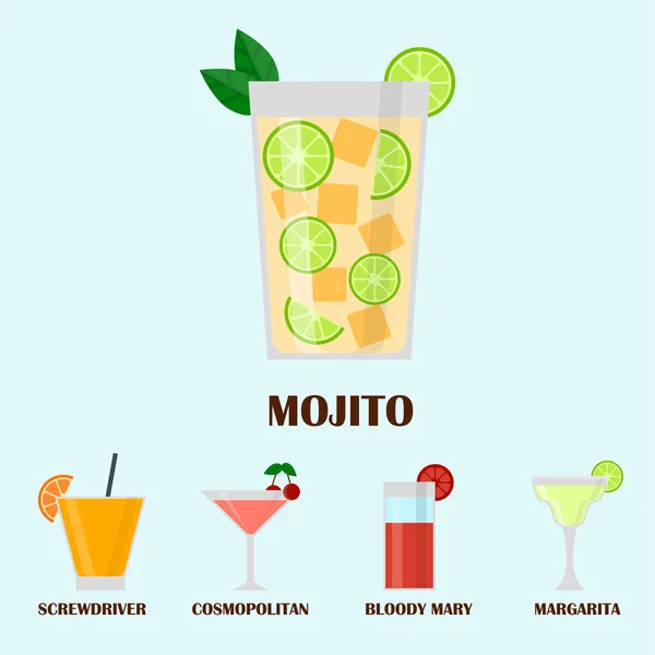 Bebidas alcohólicas bebidas cóctel lager contenedor borracho diferentes vasos vector ilustración . — Vector de stock