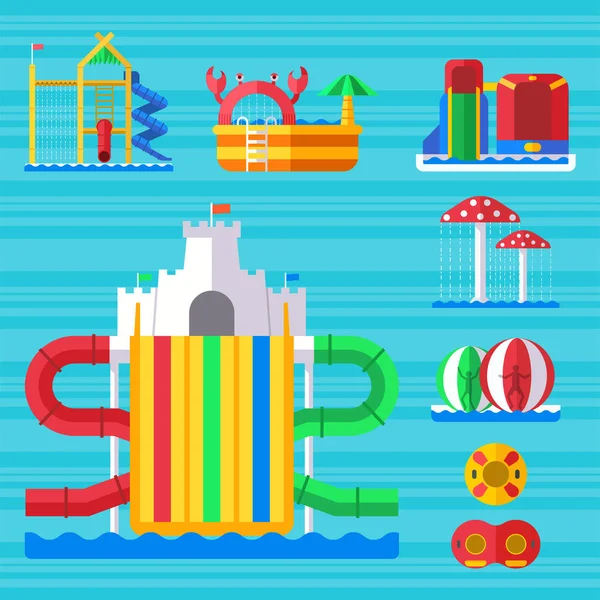 Aire de jeux aquapark avec toboggans et tampons d'éclaboussure pour l'illustration vectorielle amusante en famille . — Image vectorielle