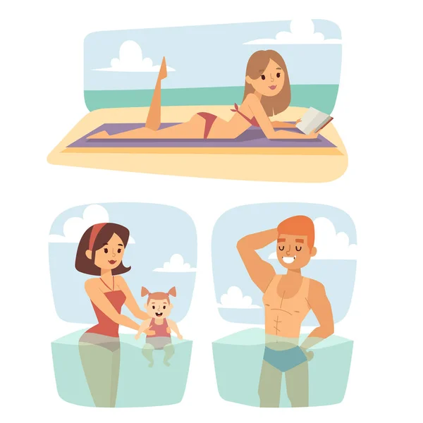 La gente en la playa al aire libre, el estilo de vida de verano la luz del sol vacaciones divertidas dibujos animados tiempo feliz personajes vector ilustración . — Archivo Imágenes Vectoriales