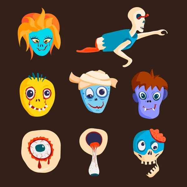 Colorido zombie personaje de dibujos animados de miedo y la gente mágica parte del cuerpo de dibujos animados divertido monstruo vector ilustración — Vector de stock