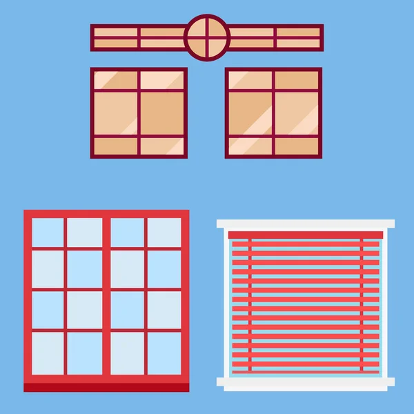 Verschillende typen huis windows elementen vlakke stijl glas frames bouw decoratie appartement vectorillustratie. — Stockvector