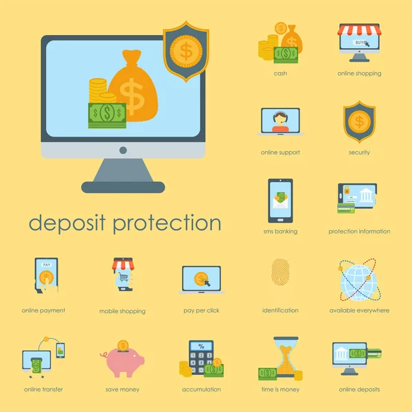 Argent finanse bancaires icônes de sécurité entreprise monnaie carte dépôt paiement vectoriel illustration . — Image vectorielle