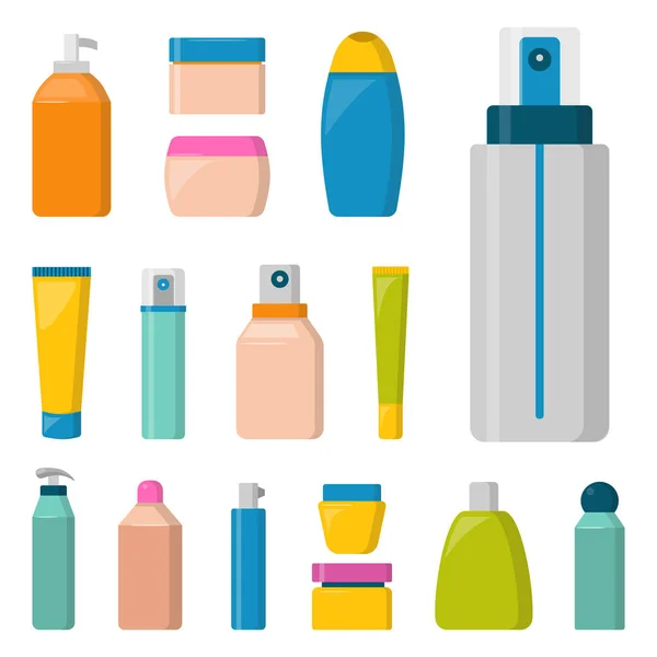 Botellas de cosmética cosmetología loción maquillaje belleza plástico líquido crema contenedor fluido paquete vector ilustración . — Vector de stock