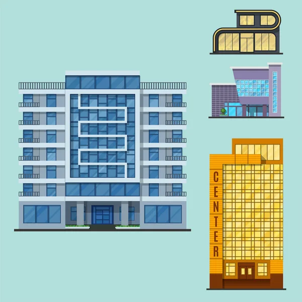 Edifícios da cidade moderna torre escritório arquitetura casa apartamento de negócios casa fachada vetor ilustração —  Vetores de Stock