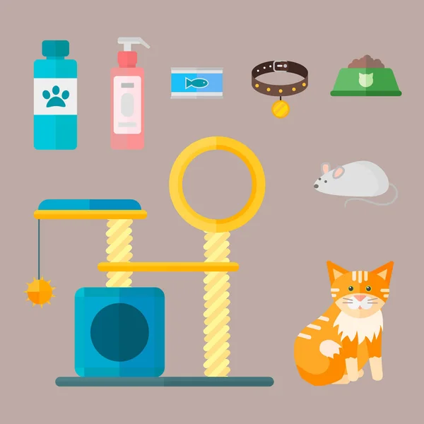 Colorido gato accesorio lindo vector animal iconos mascota equipo comida doméstico felino ilustración . — Vector de stock