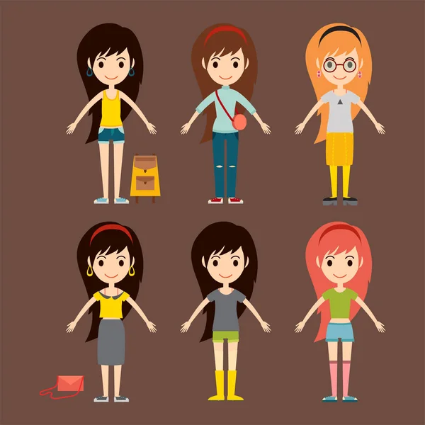 Τα μοντέλα κορίτσια μόδα του δρόμου φορούν στυλ μοντέρνα κομψή γυναίκα χαρακτήρες ρούχα μοιάζει εικονογράφηση διάνυσμα — Διανυσματικό Αρχείο