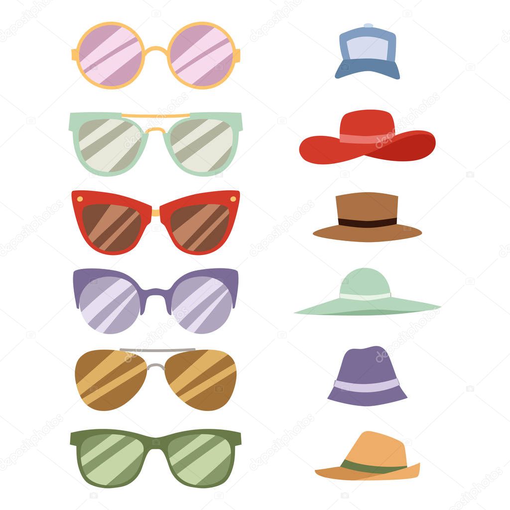 Beach accessories summer hats collection vector fashion beach travel beautiful head protection cap.