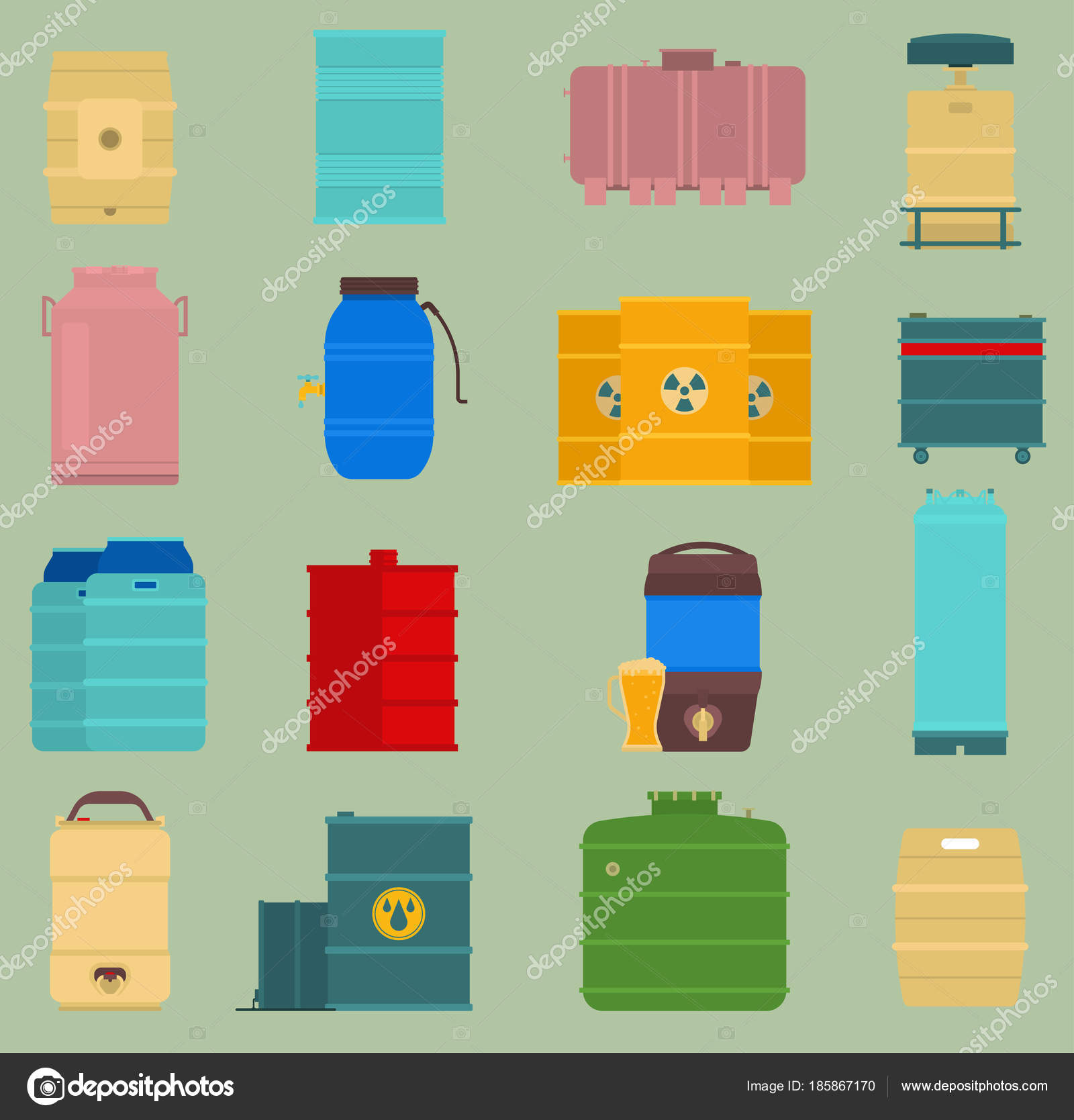 Ölfässer Vektor Container Flüssigkeitsbehälter Lagerobjekt. Reihen von