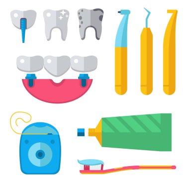 Diş hekimi tıp vektör araçları simgeler Sağlık Tıp enstrüman stomatology diş implantasyon klinik çizim.