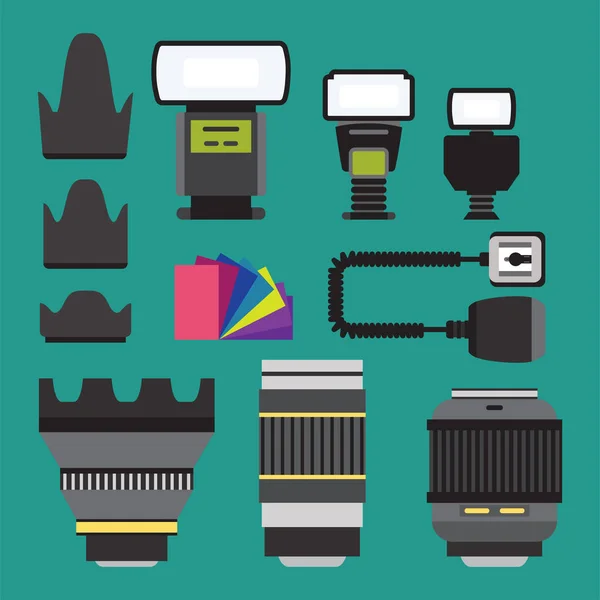 Cámara foto vector estudio iconos lentes ópticas tipos objetivo retro fotografía equipo fotógrafo profesional ver ilustración — Vector de stock