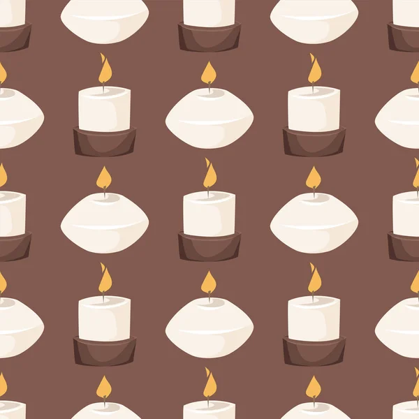 Candle vector aroma fire burn decoration seamless pattern background burning warm glowing spa shiny wax bright spirituality relaxation illustration. — Stock Vector