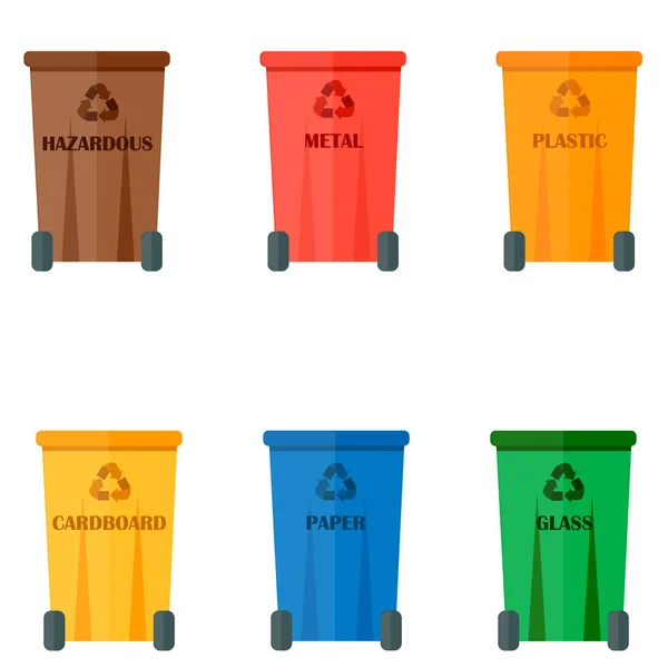 Diversi tipi di rifiuti rifiuti di riciclaggio trattamento di cernita, trattamento rifacimento rifiuti utilizzano icone vettoriale illustrazione . — Vettoriale Stock
