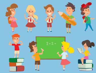 Vektör schoolkids geri okul çocukluk mutlu İlköğretim Okulu genç karakter çizimi için çalışma. Okul kids eğitim ve mutlu Eğitim İlköğretim Okulu okul öncesi sınıf