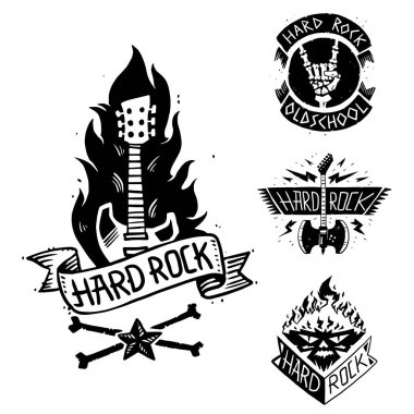 Sert rock müzik vektör rozet vintage etiket punk kafatası sembolü hard rock-n-roll ses çıkartma amblemi çizim ile