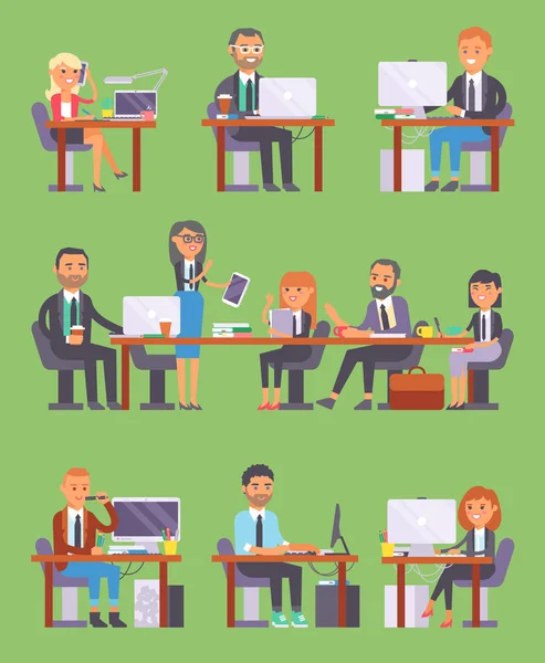 Flatr vector business people workplace office worker or person working on laptop and PC at the table in office coworker or character workplace on computer and business meeting isolated on background — Stock Vector