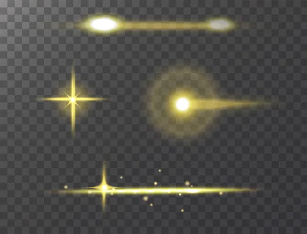 Luces brillantes efecto vector estrellas efecto brillo desenfoque estrellas aisladas sobre fondo transparente oscuro ilustración . — Vector de stock