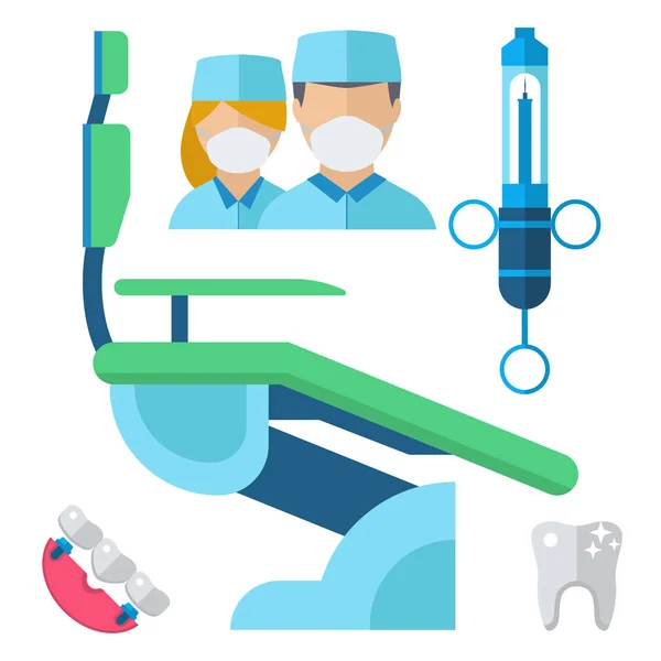 Zahnarzt Arzt Charakter und Stomatologie Ausrüstung Medizin Instrument Vektor Illustration. — Stockvektor