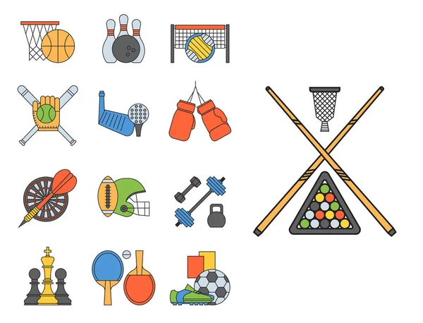 Conjunto de iconos de vectores deportivos en línea de diseño plano pictograma fitness deportistas símbolo juego trofeo competición manivela actividad ilustración. Baloncesto, fútbol, hockey, golf — Vector de stock