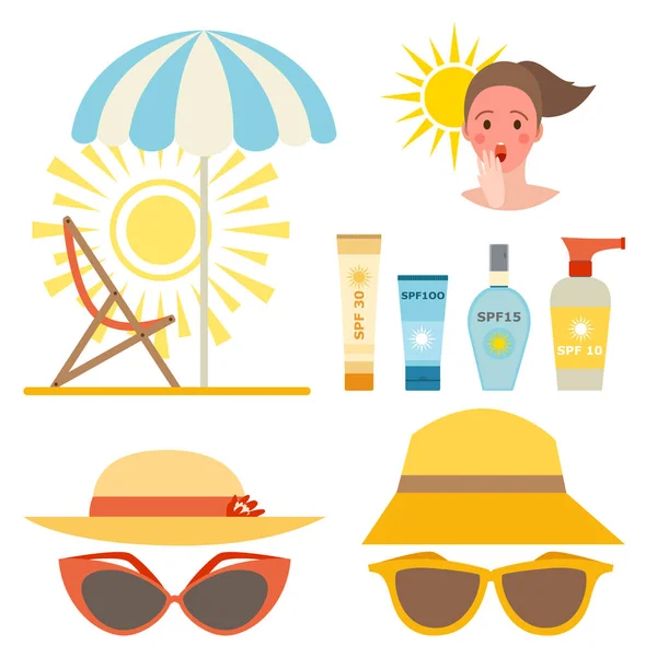 Crema protector solar botella vector icono protector solar cosmético verano contenedor tubo panti-sol crema embalaje diseño . — Vector de stock