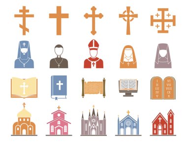 Religionary Hıristiyan inancının mutaassıp rahip kilise geleneksel kültür Paskalya sembolü dua Hıristiyanlık din vektör papaz religionism düz şekil kutsal işaret siluet.