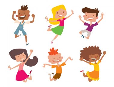 Farklı pozisyonlarda büyük mutlu çocuk çocuk grup atlama vektör ve neşeli takım küçük insanların karakterleri gülen komik karikatür çocuklar.