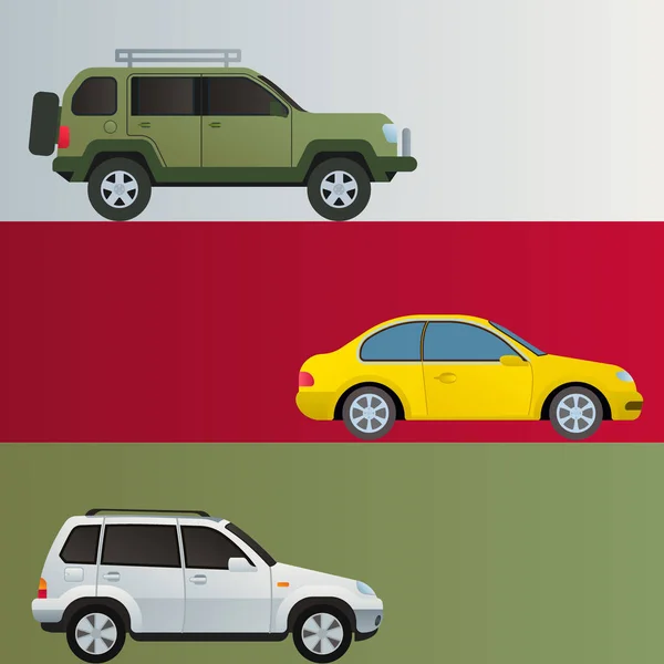 Auto auto vozidla banner dopravní typ design cestovní závodní model technologie styl a obecný automobilů moderní dítě hračku ploché vektorové ilustrace. — Stockový vektor