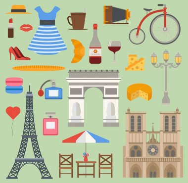 Paris simgeler vektör mutfağının geleneksel modern Fransa Kültür simgeleri ayarlayın. Avrupa Eiffel Paris simgeler moda tasarım bina şarap mimarisi. Ünlü seyahat aşk Paris simgeler anıt sermaye Simgesel Yapı