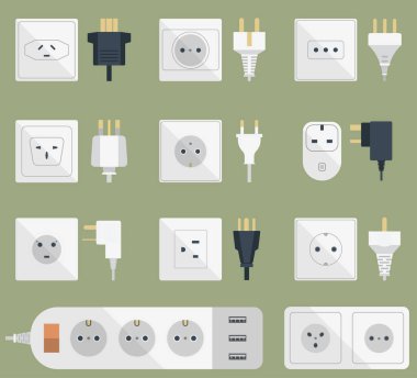 Elektrik fişleri yığını çıkış illüstrasyon enerji soketi elektrik prizi takılan Avrupa ve ABD, Asya cihaz iç simgesi. Tel kablo kablosunu tak-bağlantı elektrik prizi takılan Çift Kişilik Amerikan