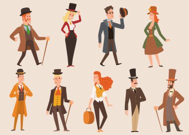Vintage Victoria karikatür beyler retro insanlar vektör. Antika yüzyıl karakter Victoria gent insanlar vintage vahşi batı erkek ve kadın tarzı giyim tarzı moda eski insanlar Victoria beyefendi