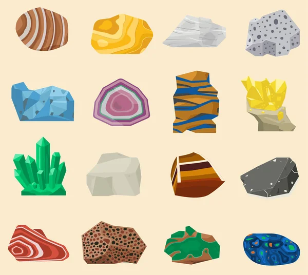Pietre minerali semi preziose e pietre preziose isolate colorate pietre brillanti colorate. Minerali gioielli materiale agata geologia minerale natura fetta di cristallo — Vettoriale Stock