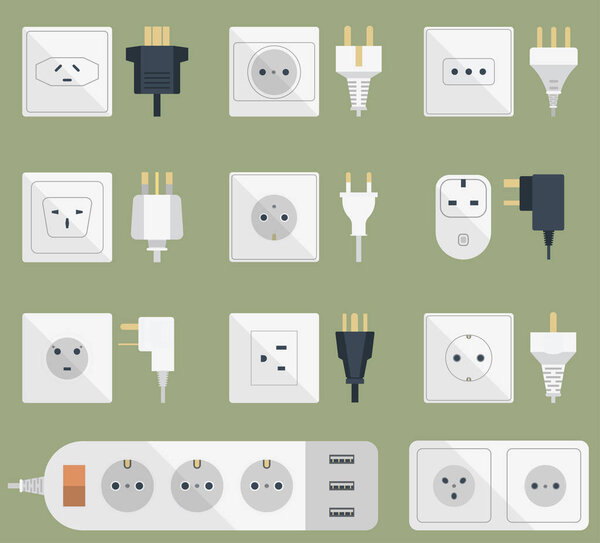 Electric plugs stack outlet illustration energy socket electrical outlets plugs european and usa, asia appliance interior icon. Wire cable cord plug-connection electrical outlets plugs double american