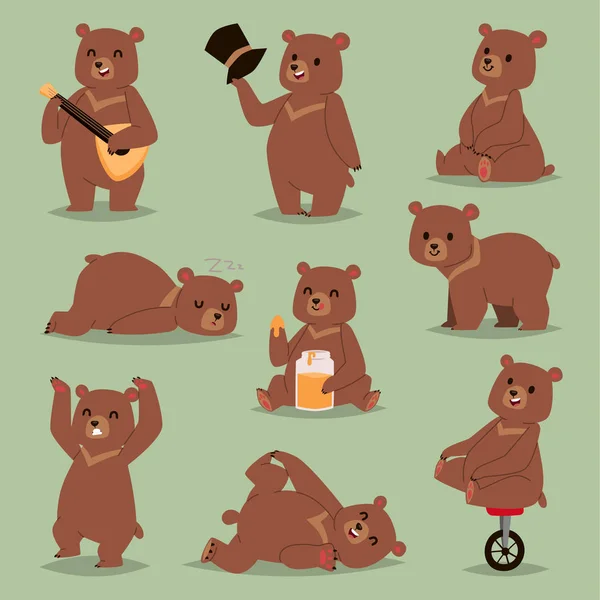 Ccute rajzfilm vektor medve érzelmek barna karakter boldog mosolygó medve rajz emlős teddy mosoly. Vidám kabalája rajzfilm medve grizzly, fiatal, baba állat állatkert, méz, guitare cirkusz Kerékpár kerék — Stock Vector