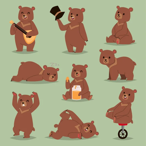 Ccute vector de dibujos animados oso emociones carácter marrón feliz oso sonriente dibujo mamífero sonrisa de peluche. Alegre mascota de dibujos animados oso grizzly, joven, zoológico de animales de bebé con miel, guitarra, rueda de bicicleta de circo — Archivo Imágenes Vectoriales