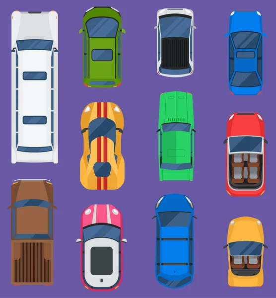 Vue de dessus différents véhicules automobiles ensemble isolé en arrière-plan. Voiture vue du dessus course de vecteurs automobiles, taxi, transport de camions. Roue voiture vue du dessus transport circulation route van toit . — Image vectorielle