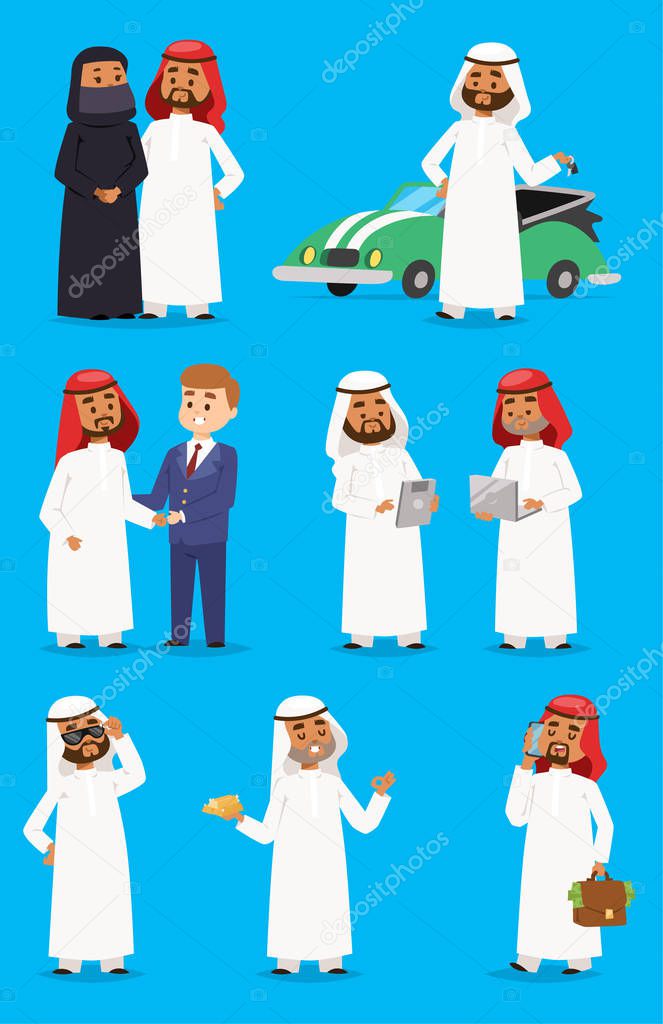 Cartoon arabic businessman vector characters in traditional religion clothes. National arabian costume dress arab prince man clothing. Arab prince man east country art and culture friendly sheikh