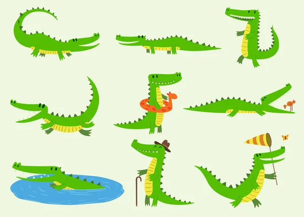 Dibujos animados cocodrilos vector personajes diferentes animales zoológico verde. Lindo cocodrilo divertido animal con baño de juguete y dientes grandes. Personaje de reptil depredador feliz mascota cómic ilustración de color — Vector de stock