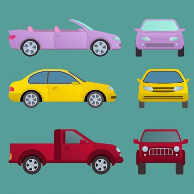 Araba otomatik araç taşıma türü tasarım seyahat yarış modeli teknoloji stil ve genel otomobil çağdaş çocuk oyuncak düz vektör çizim.