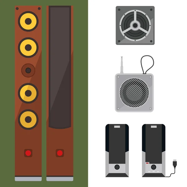 声学音响系统立体声平面矢量音乐扬声器播放器低音炮设备技术. — 图库矢量图片
