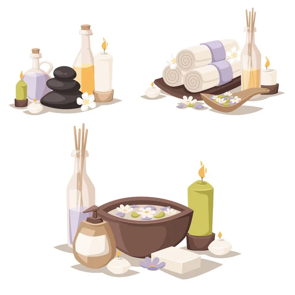 Spa Vektor Symbole Behandlung Schönheitsbehandlungen Wellness Spa-Massage Kräuterkosmetik Aroma Kursteine Handtücher und Lotusblume Illustration. — Stockvektor