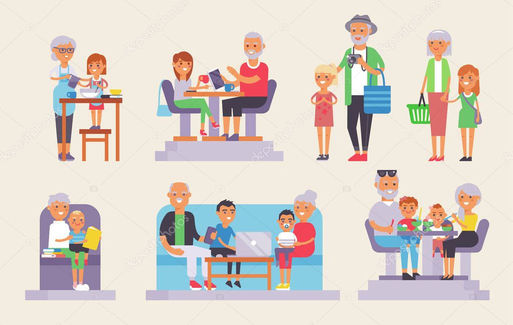 Old grandpa and grandma and yound kids children people group of european generations man and woman old and young people have time together infancy, childhood, youth, old age. Family life