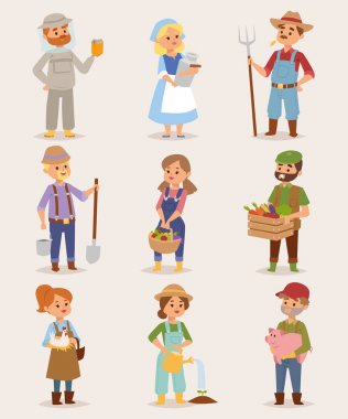Vektör çiftçilerin organik köy yemek, çiçek ve hayvan insanlar karikatür. Yaz karakter Sebze Bahçe hasat çiftçiler insanlar. Bitki doğa Bahçe tarım çiftçiler insanların çalışma