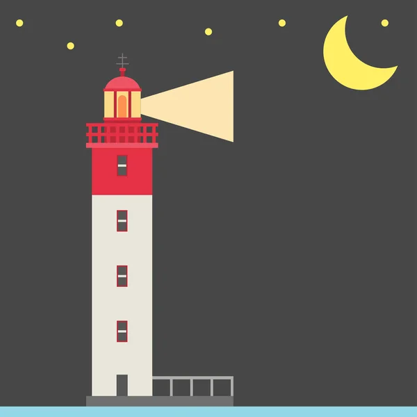 Fyren natt vektor bakgrund platt sökarljus tower för marin navigerings vägledning ocean beacon ljus säkerhet säkerhet symbol illustration. — Stock vektor