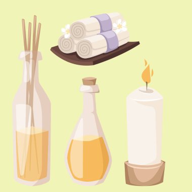 Spa vektör simgeler tedavi güzellik yordamlar sağlık spa masaj Bitkisel Kozmetik aroma spa havlu ve lotus çiçek illüstrasyon taşlar.