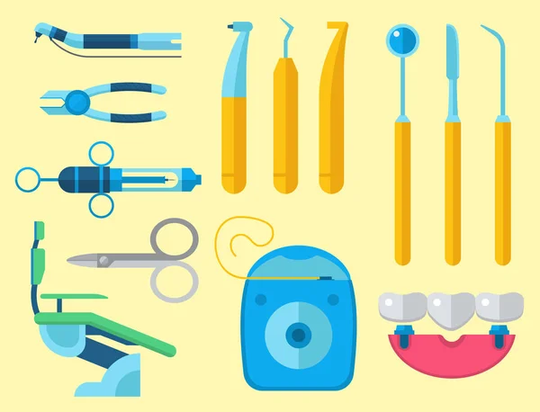 Tandläkare medicinska verktyg ikoner sjukvård medicin instrument stomatologi dental implantation klinik vektorillustration. — Stock vektor